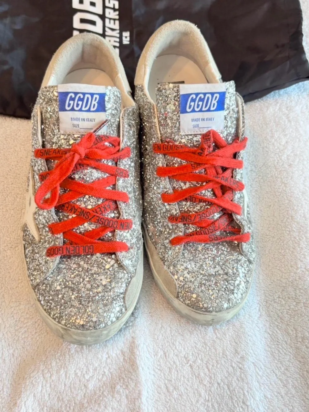 Authentic Golden Goose Sneakers Superstar Silver glitter red laces EU 40, US 9